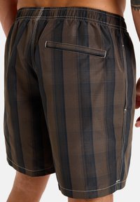 Pánske plavkové šortky v hnedej farbe s tmavomodrými vertikálnymi pruhmi, s elastickým pásom, zadnou vreckom a bielymi švami.