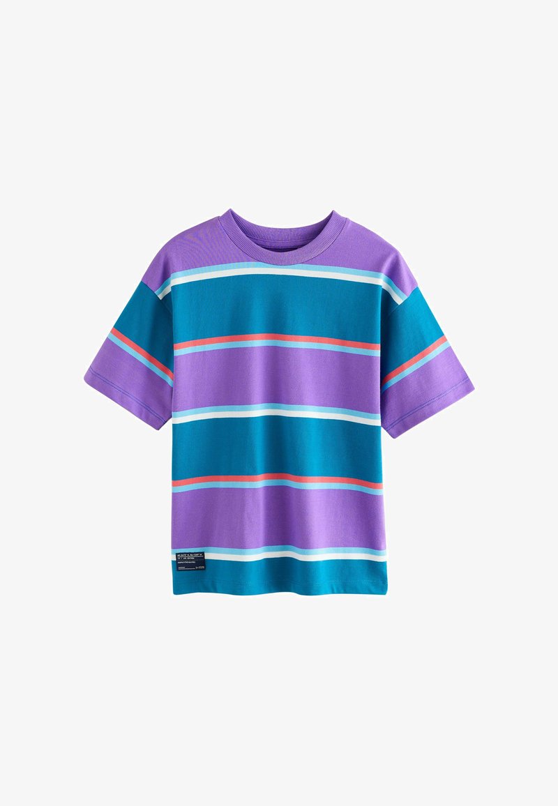 Trumpas rankovėmis T-shirts violetinės ir mėlynos spalvos su horizontaliomis juostelėmis šviesiai mėlyna ir koraline. Minkštas medvilnės audinys, apvali iškirptė, etiketas apačioje.