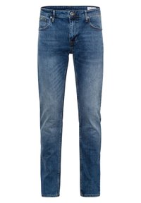 Blauwe denim jeans met een vervaagde wassing, standaard ontwerp met vijf zakken, metalen knoopsluiting en zichtbare stikseldetails op de naden.