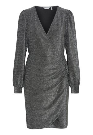 Metallik hall kleit pikkade puffvarrukatega, külgedel kortsutatud detailid, sügav V-kaelus ja pehme, särav tekstuur.
