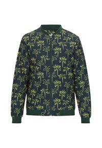 Marine bomberjack met een groene ribbelkraag, voorzien van een patroon van gele palmbomen. Ritssluiting en elastische manchetten.