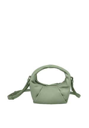 Green faux leather handbag with a rounded handle, top zip closure, and adjustable strap. Features a gathered texture and angular design.