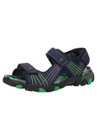 Marinesandal med grønne detaljer, justerbare stropper og en strukturert gummisåle. Har et sporty design med stripete mønstre på materialet.