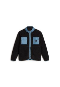 Giacca in fleece nera con dettagli in nylon blu, dotata di due tasche frontali, chiusura con zip e colletto a contrasto. Tessuto morbido.