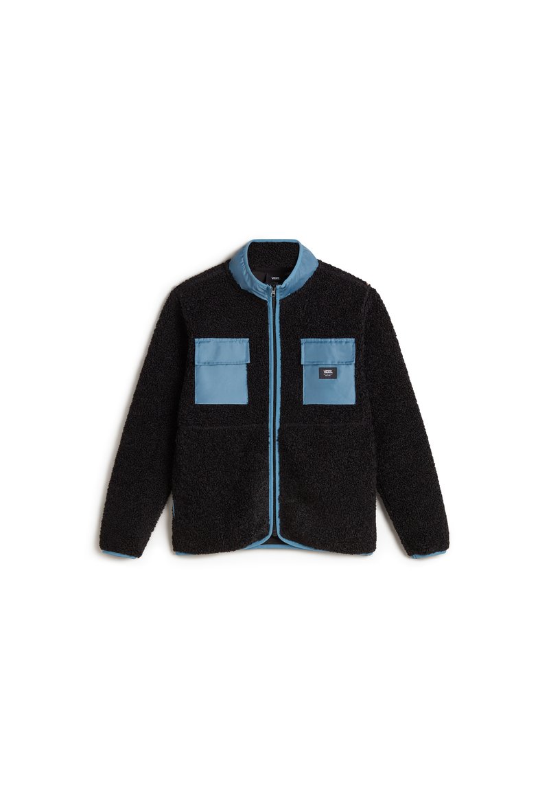 Giacca in fleece nera con dettagli in nylon blu, dotata di due tasche frontali, chiusura con zip e colletto a contrasto. Tessuto morbido.