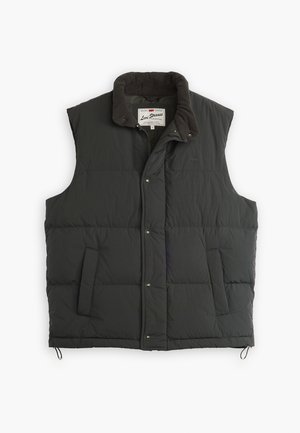 Gilet sans manches en duvet gris foncé avec un col doux noir, doté d'une fermeture éclair à l'avant, de boutons-pression et de poches latérales.