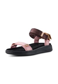 Justerbar sandal med rosa remmar, ett mörkbrunt tygband och en svart gummisula med texturerad fotbädd och subtil varumärkesdetalj.
