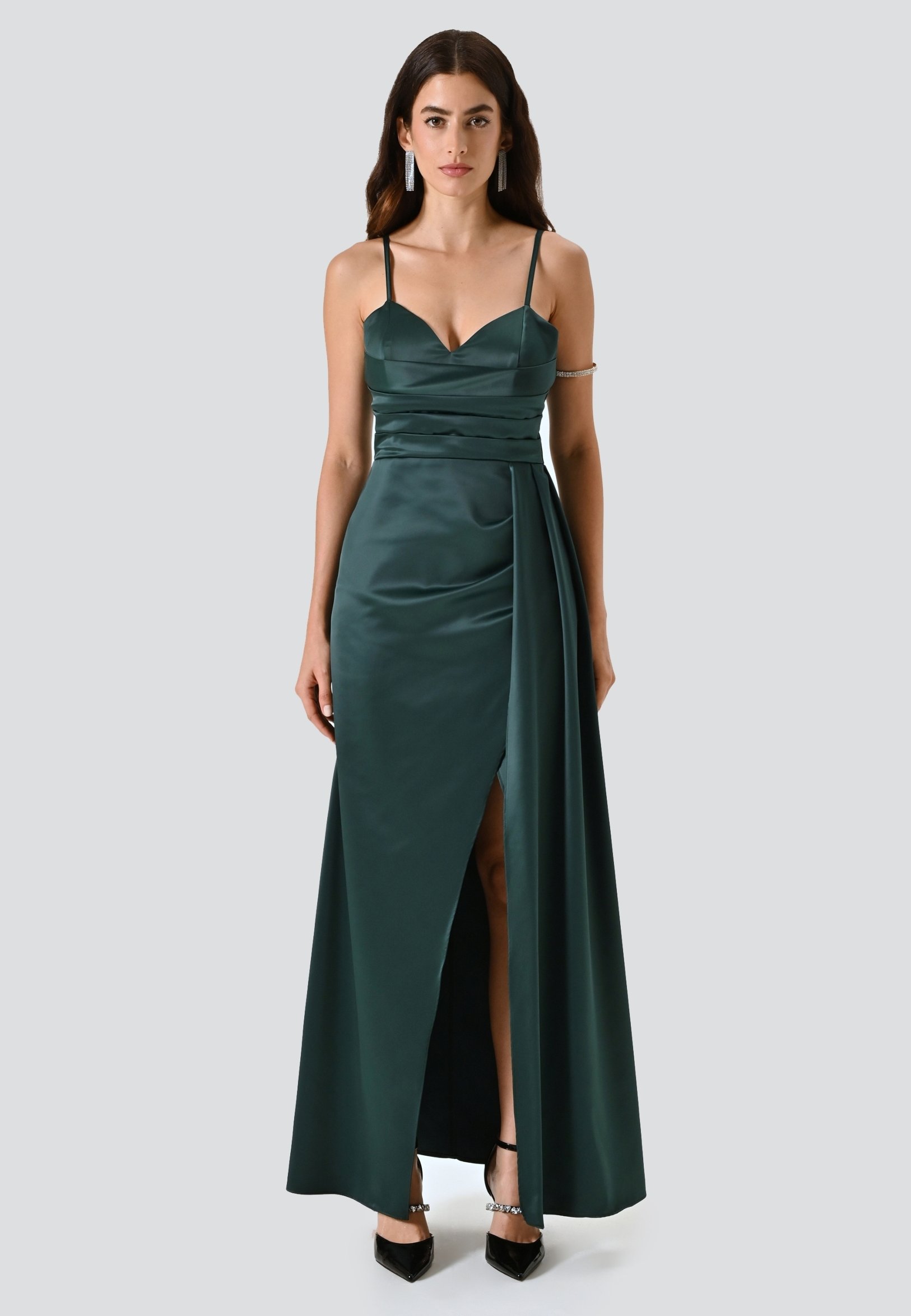 green silk slit dress BABARONI Acetate Satin Dark Green Bridesmaid Dresses Cowl Neck Floor-length  Spaghetti Straps Pleated with Slit Sheath main image 1