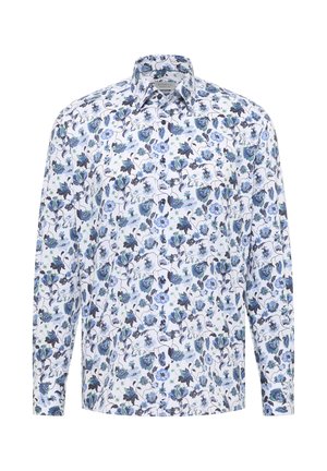 Herenoverhemd met lange mouwen en knopen, met een witte basis en een blauw bloemenpatroon, voorzien van een klassieke kraag en aansluitende manchetten.