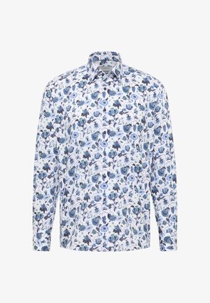 Herrelangærmet skjorte med knapper, hvid base og blåt blomsterprint, med klassisk krave og tætsiddende manchetter.