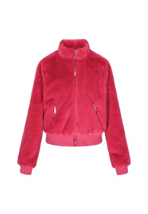 Giacca in pelliccia sintetica di un vivace rosa brillante, con colletto alto, chiusura a zip frontale e polsini a costine. Presenta due tasche laterali con zip. Tessuto morbido.