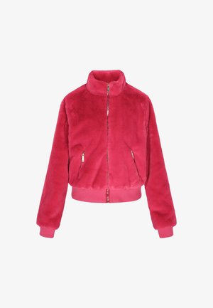 Kunstkarvane jakk heledas roosas värvuses, millel on kõrge krae, lukuga esitasku ja soonikkoes mansetid. Sisaldab kahte lukuga küljetaskut. Pehme tekstuur.