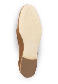 Brown suede shoe sole with textured rubber for grip. Features embossed brand name and size 37. Smooth, light-colored insole.