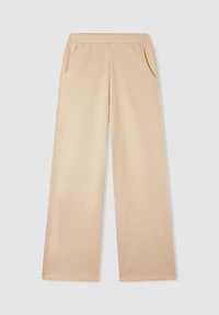 Beżowe spodnie szerokie z miękkiego materiału, z elastycznym pasem i bocznymi kieszeniami. Prosty design bez widocznych wzorów czy sprzętu.
