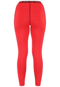 Rote Sportleggings aus einem strukturierten, glatten Stoff; enganliegend; kontrastierender schwarzer Bund mit Logo und minimalen Nähten für erhöhten Komfort.