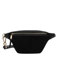 Riñonera de ante negra con un zipper dorado, correa ajustable y acentos de hardware. Forma delgada y curvada con un compartimento principal y un bolsillo.