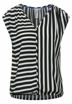 Czarna i biała bezrękawnikowa bluzka w paski, z pionowymi paskami po prawej stronie i poziomymi po lewej, z dekoltem w serek.