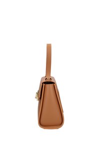 Borsa a tracolla in pelle marrone chiaro con forma geometrica, dotata di una maniglia corta, accessori in oro e una superficie liscia. Design con chiusura superiore.