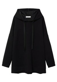 Sudadera negra de gran tamaño con mangas largas, capucha ajustable con cordón y puños elásticos, fabricada con tela suave.