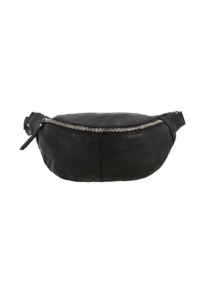 Svart läderfannypack med en böjd design, prydd med en framträdande silverdragkedja och en slät yta. Justerbar rem för optimal bärbarhet.