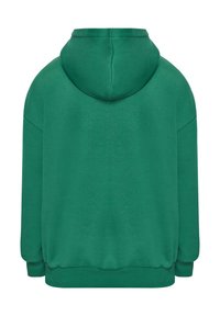 Haut à capuche vert en mélange de coton doux, avec une grande capuche, des épaules tombantes et des poignets et un ourlet côtelés. Sans logos ni graphiques visibles.