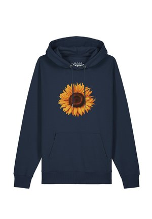 Marineblaue Kapuzenjacke mit Fronttasche und großer leuchtend gelber Sonnenblume in der Mitte auf der Brust. Kordeln hängen von der Kapuze.
