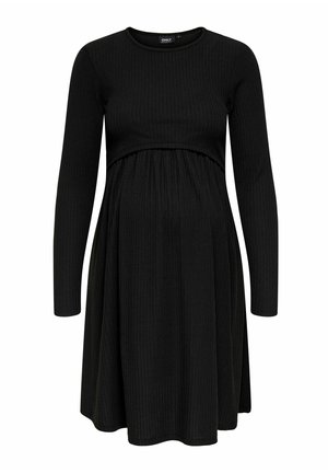 Schwarzes, geripptes Umstandskleid mit langen Ärmeln, runder Ausschnitt und Empire-Taillenbund. Das auslaufende Rockdesign erhöht den Komfort und die Passform.