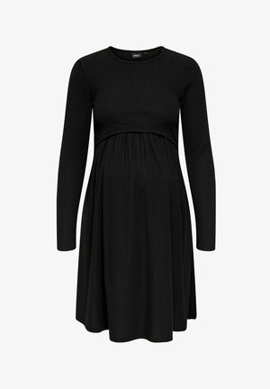 Melna rievota grūtniecības kleita ar garām piedurknēm, apaļu kakla izgriezumu un impērijas jostu. Izplestā svārku dizains uzlabo komfortu un piegulšanu.