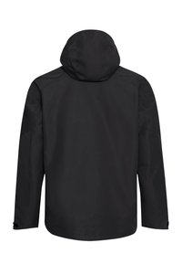 Schwarze, mit Kapuze versehene wasserdichte Jacke, Rückansicht, mit langen Ärmeln und verstellbaren Handgelenkriemen.