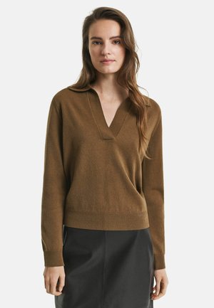 Brown knitted pullover sweater with a v-neck and ribbed hem. Long sleeves and soft texture, worn over a black pencil skirt.