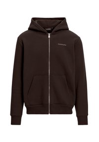 Brun hettejakke laget av mykt stoff med en frontlomme. Har hette, ribbestrikkede ermer og "CASPARA"-logoen på brystet.