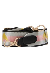 Barevný textilní popruh se stříbrným základem, růžovými a žlutými akcenty, černými koženými konci a zlatě zabarvenými háčky na připojení.