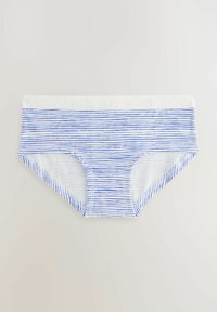 Mutande da donna a righe blu e bianche con una morbida cintura elastica. Offre una vestibilità comoda e una texture simile al cotone.