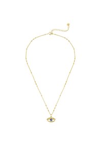 Collana in oro con pendente a forma di occhio maligno circolare, dotato di un centro blu e piccoli accenti decorativi lungo la catena.