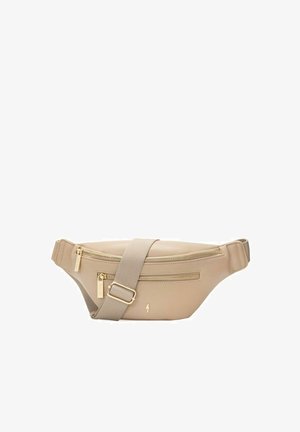 Beżowa skórzana nerka z dwoma zamykanymi na zamek kieszeniami, regulowanym materiałowym paskiem z złotą sprzączką i małym złotym logo z przodu.