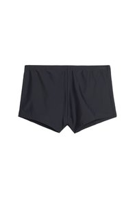 Schwarze Badehosen mit einem elastischen Bund, aus glattem, leichtem Stoff gefertigt. Verfügen über ein einfaches Design ohne Muster oder Akzente.