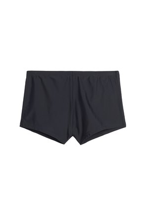 Schwarze Badehosen mit einem elastischen Bund, aus glattem, leichtem Stoff gefertigt. Verfügen über ein einfaches Design ohne Muster oder Akzente.