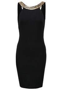 Robe noire sans manches à la coupe ajustée, ornée d'un col embellit d'or et d'une texture de tissu lisse. Aucun détail supplémentaire présent.