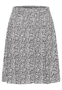 Gonna a stampa floreale in bianco e nero con vita arricciata, forma a A e morbida texture; presenta piccoli motivi a foglia in tutto il capo.