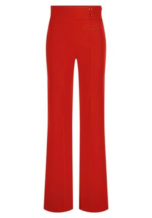 Red wide-leg trousers with a smooth texture; features a high waistband with two buttons and two front pockets for functionality.