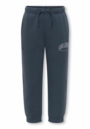 Mørkeblå joggingbukser med elastiske manchetter og linning, snøre, sidelommer og "Los Angeles California" trykt på det øverste lår.