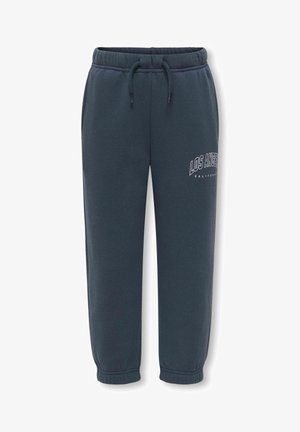 Mørkeblå joggingbukser med elastiske manchetter og linning, snøre, sidelommer og "Los Angeles California" trykt på det øverste lår.