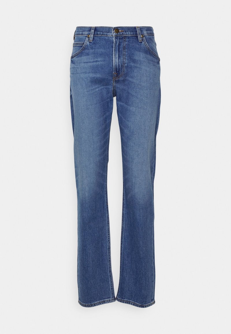 Jeans in denim blu con un design a gamba dritta, caratterizzati da una chiusura a bottoni, uno stile classico a cinque tasche e una lieve scoloritura vicino alle ginocchia.