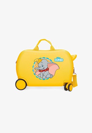 Maleta infantil de color amarillo brillante con ruedas, asa y personaje de dibujos animados Dumbo impreso en el lateral con el logo de Disney Dumbo.