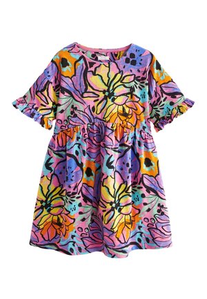 Bomulds kjole med korte flæseærmer og rund halsudskæring. Har et livligt blomsterprint i pink, gul, lilla og orange.