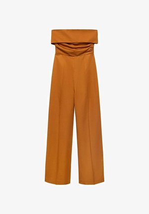 Jumpsuit z širokimi hlačnicami v rjavi barvi, brez naramnic, iz gladkega materiala z natančno obdelavo na dekolteju.