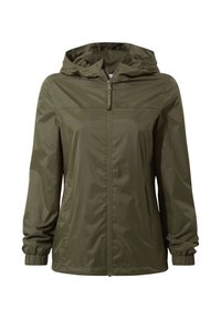Olive green lightweight jacket with a hood, front zipper, elastic cuffs, and side pockets. Smooth texture and casual design.