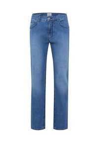 Jeans in denim blu con design a gamba dritta, dotati di cinque tasche, cuciture a contrasto e chiusura con zip e bottone.