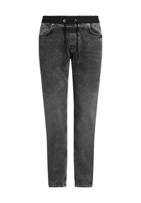 Gray denim pants with a black elastic waistband, drawstring closure, five-pocket design, and a tapered leg style. Faded texture throughout.