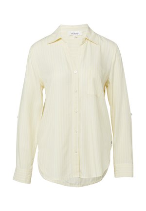 Koszula na guziki z długim rękawem, w bladym żółtym kolorze w paski, z kołnierzykiem i pojedynczą kieszenią na piersi, prezentowana na białym tle.